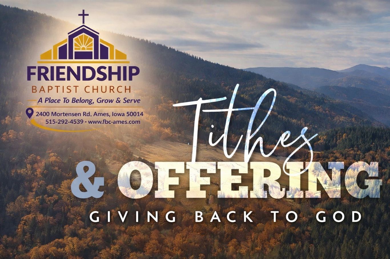 Friendship Baptist Church tithes and offering campaign with scenic mountain background.