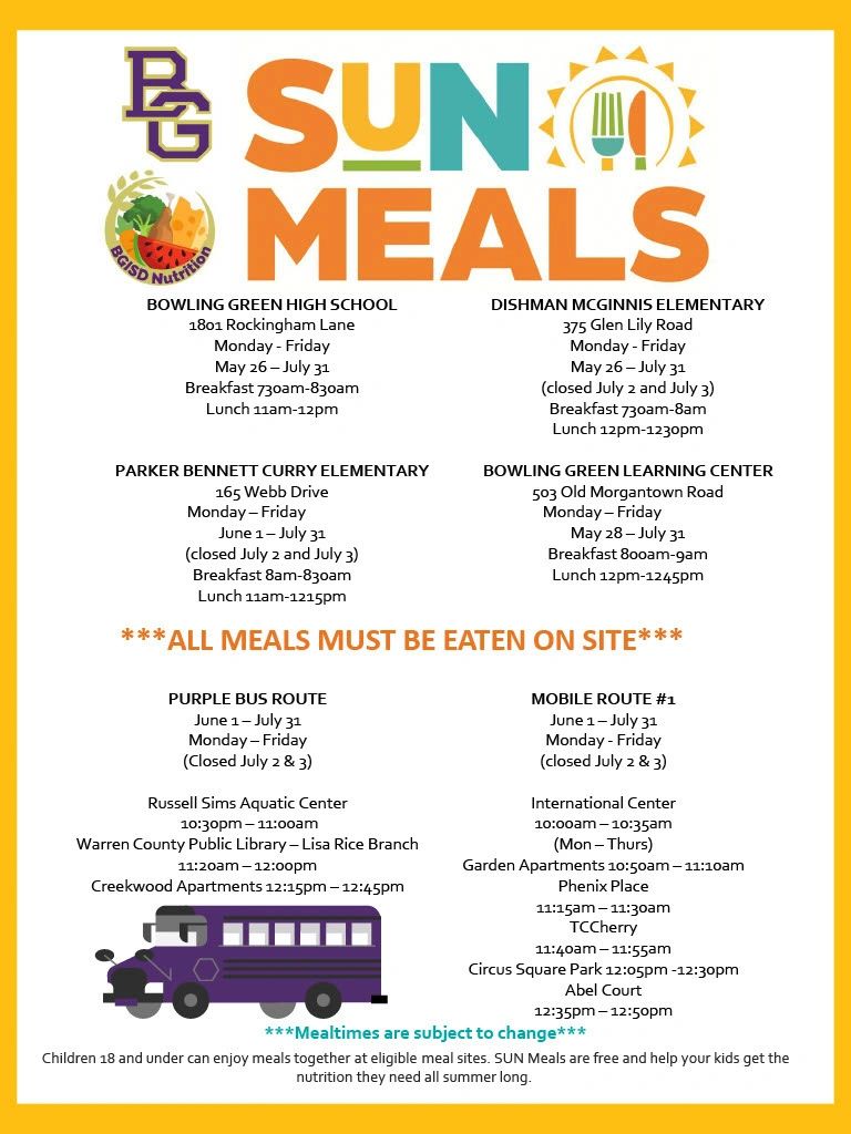 Information on SUN Meals summer meal locations and times for Bowling Green ISD.