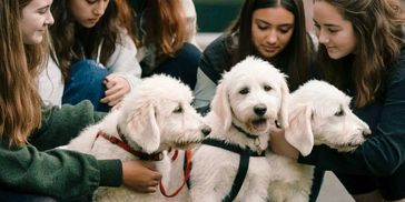 Five girls crouch around and pet three fluffy white puppies outside.