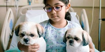 Young girl in hospital bed with two small dogs by her side.