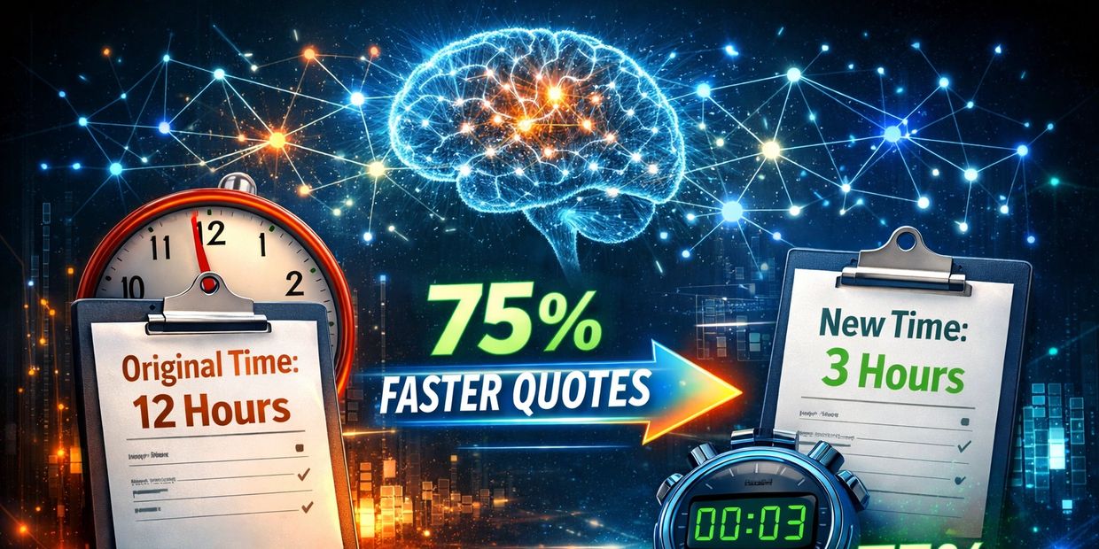 Graphic showing 75% faster quotes, reducing time from 12 hours to 3 hours.
