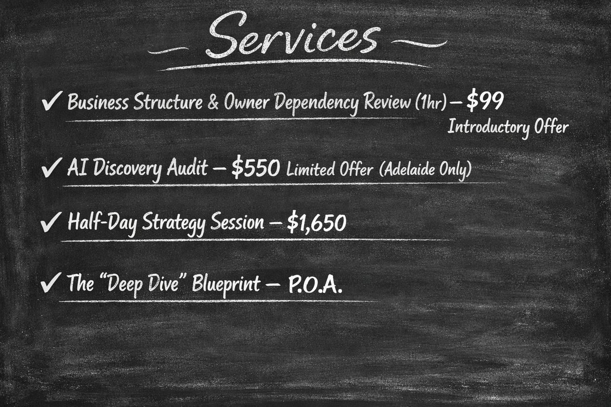 Chalkboard listing business consulting services with prices and offers.