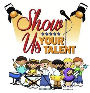 Illustration of kids performing music under spotlights with 'Show Us Your Talent' text.
