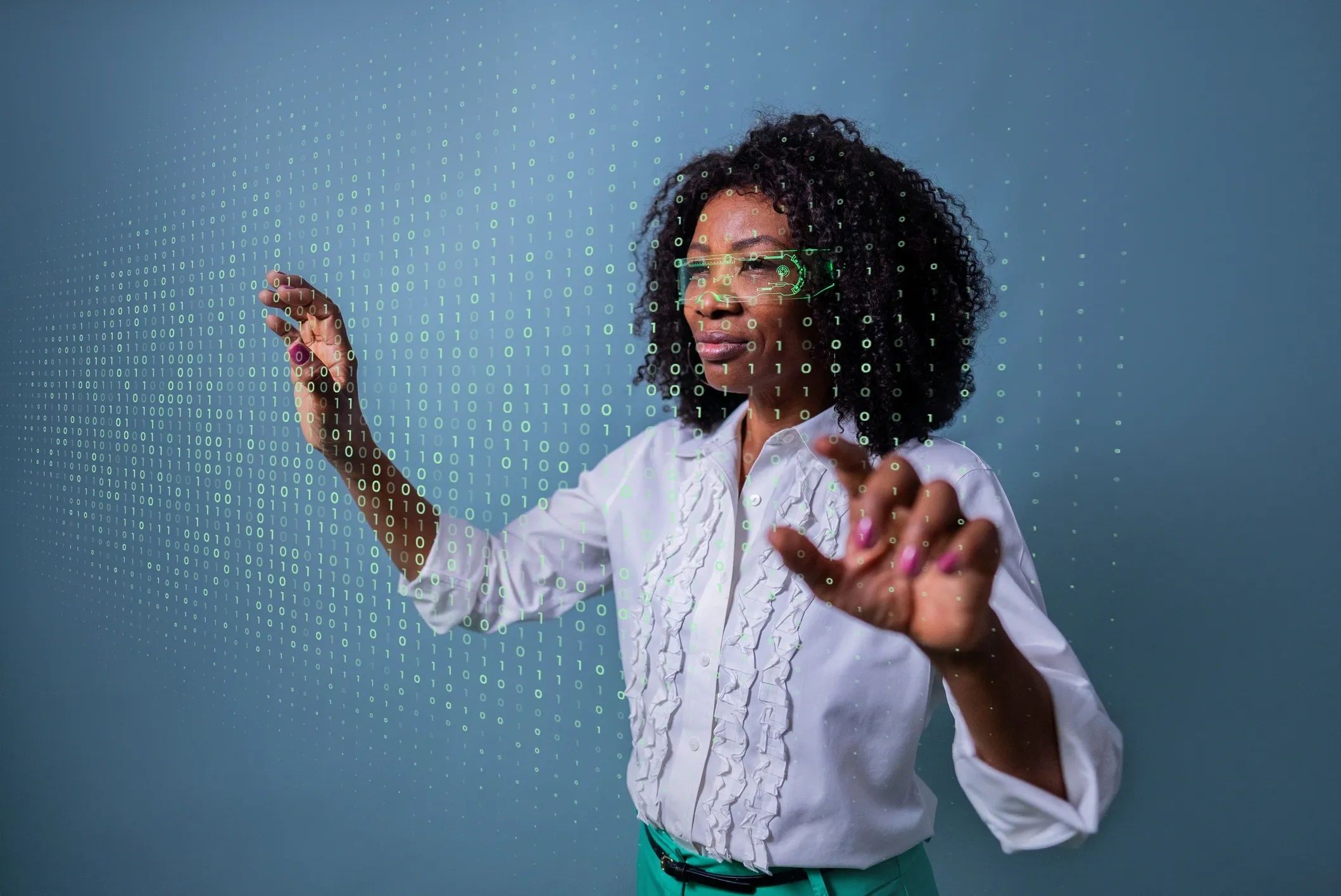 Woman interacting with digital binary code and futuristic interface.