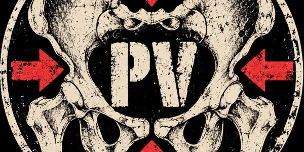 Grunge-style skull and bone illustration with PV letters and red arrows.