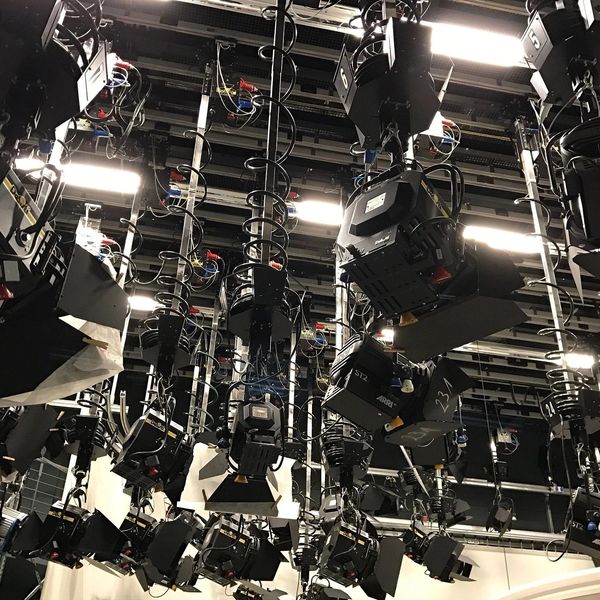 A stage setup with lights on top