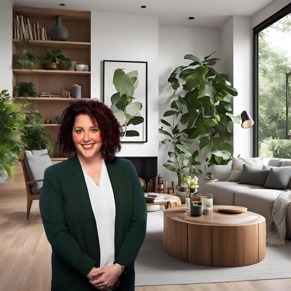 This is the business coach in a cozy living room with plants that is modern with wood table. 