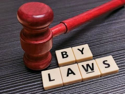 A judge's gavel next to lettered tiles spelling 'BY LAWS'.