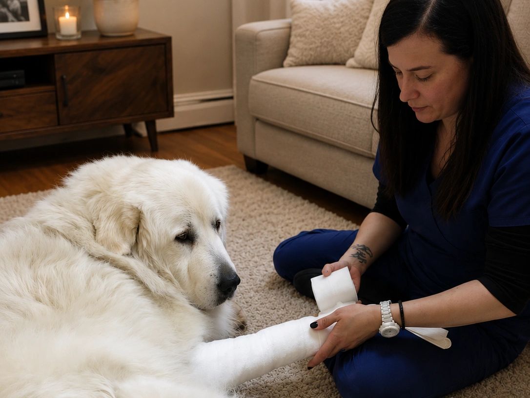 Veterinarian wrapping bandage on large dog's leg.