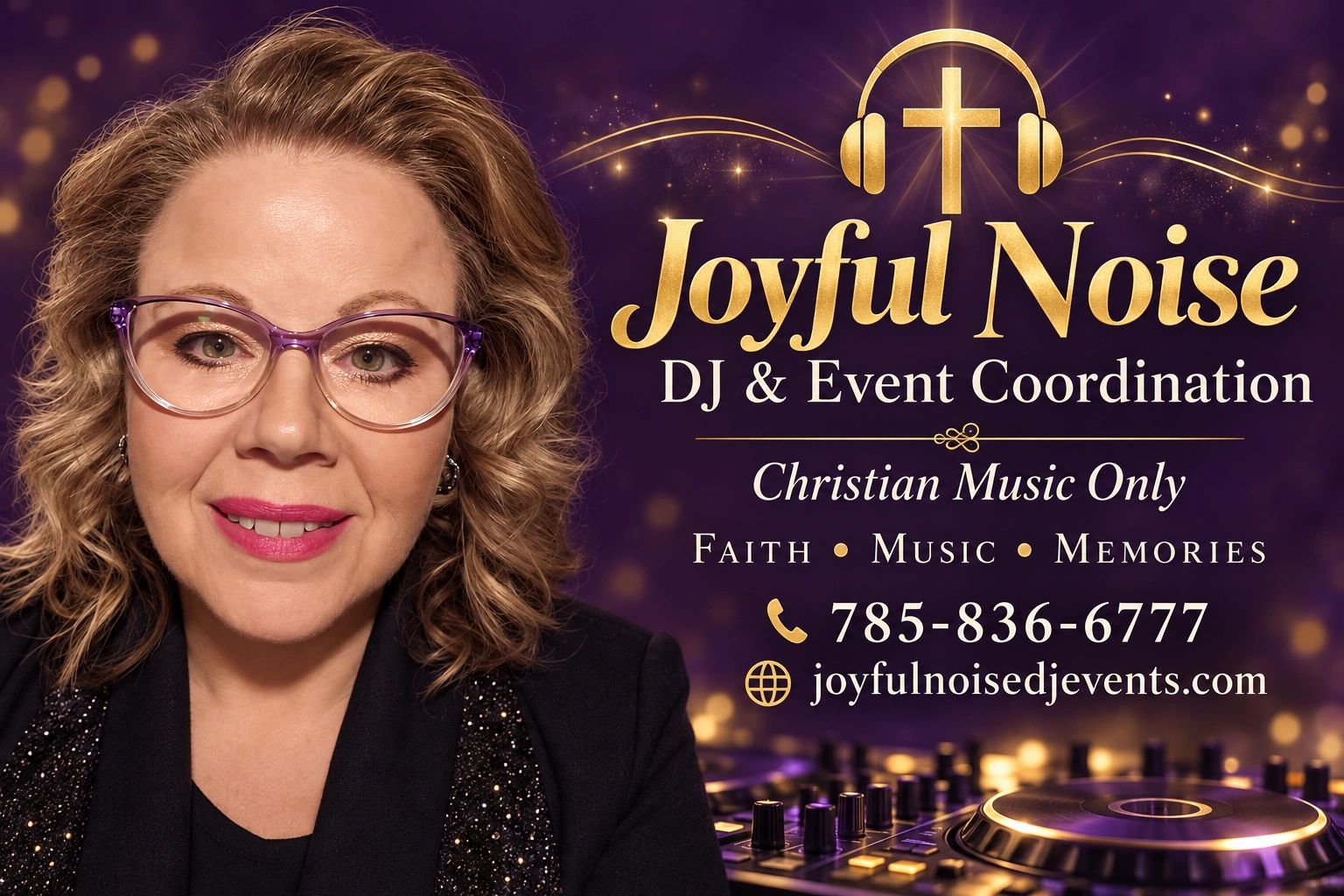 Bridget — Joyful Noise DJ & Event Coordination. Christian music only. Purple-and-gold business graph