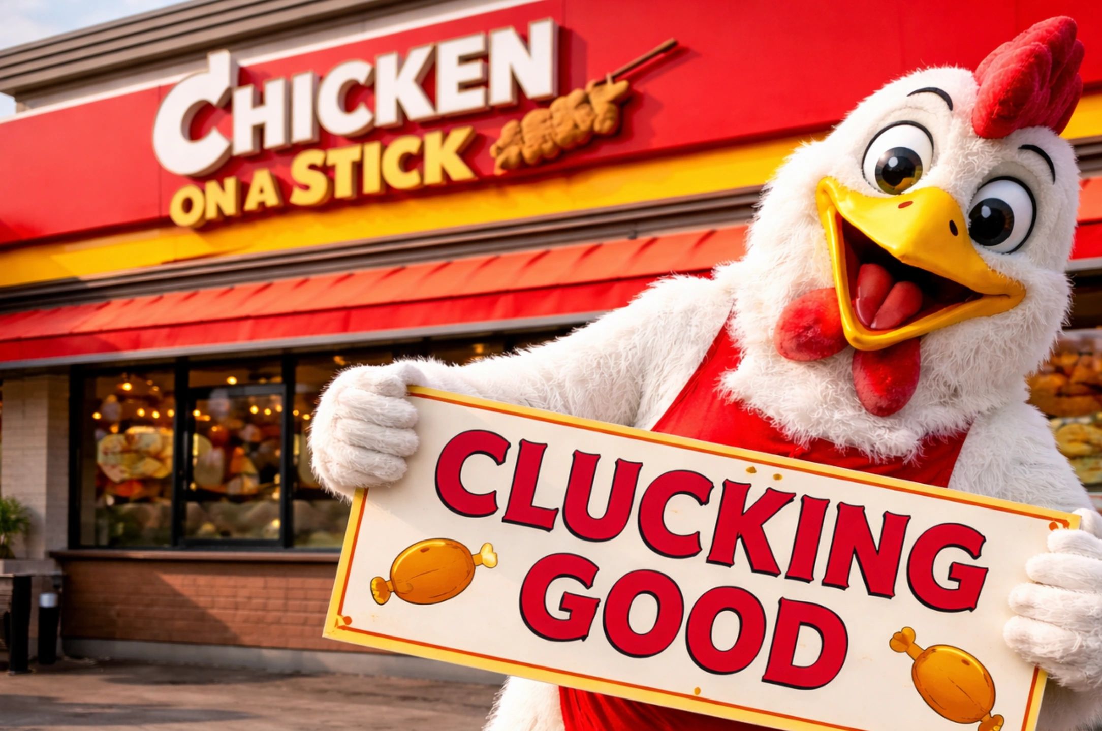 Mascot chicken holding a sign in front of a Chicken on a Stick restaurant.