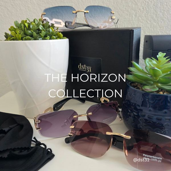 Sunglasses from The Horizon Collection with decorative plants and a branded box.