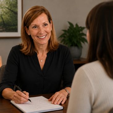A woman smiling and taking notes during a conversation.