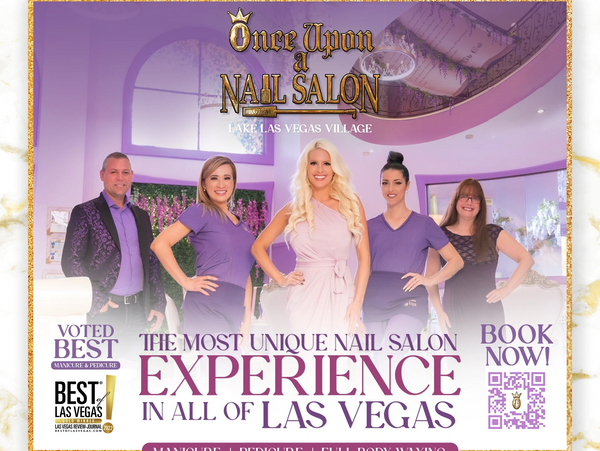Group of five smiling nail salon staff at Once Upon a Nail Salon in Las Vegas.
