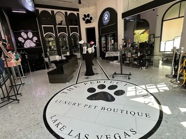 Luxury pet boutique interior with elegant decor and pet products.