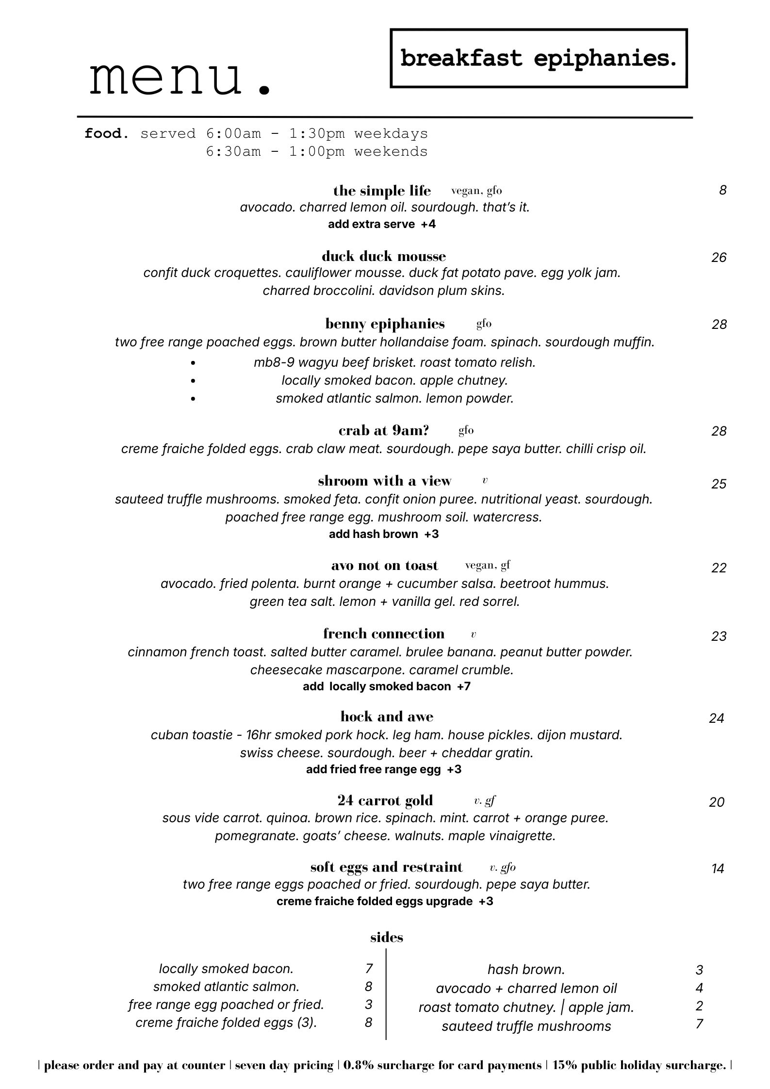 Breakfast menu with diverse gourmet options and sides.