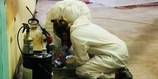 Asbestos Air Monitoring specialist inspecting, in detail, the removal of an asbestos product.