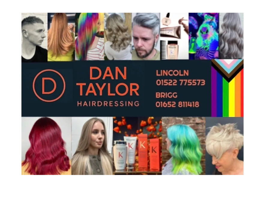 Hair styling and coloring advertisement with contact details.