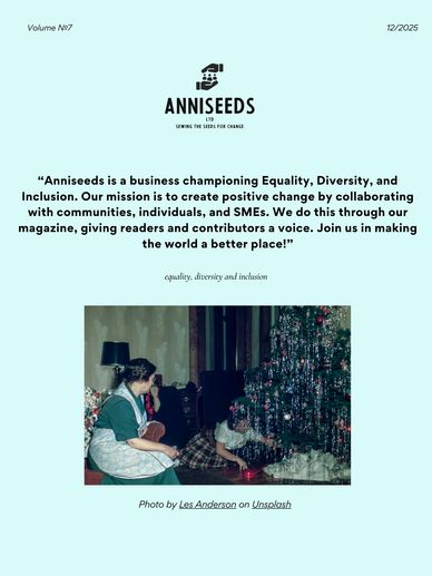 Magazine cover promoting equality, diversity, and inclusion with festive family photo.