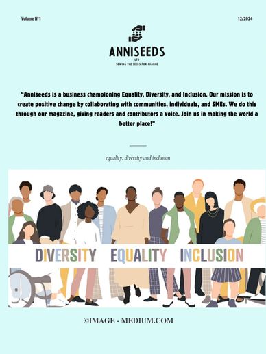 Magazine cover promoting diversity, equality, and inclusion with diverse group illustration.