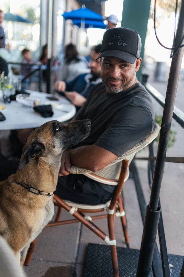 Dog on leash in a public space