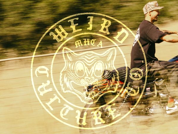 Man riding a motorcycle with a blurry background and Weird Culture logo overlay.