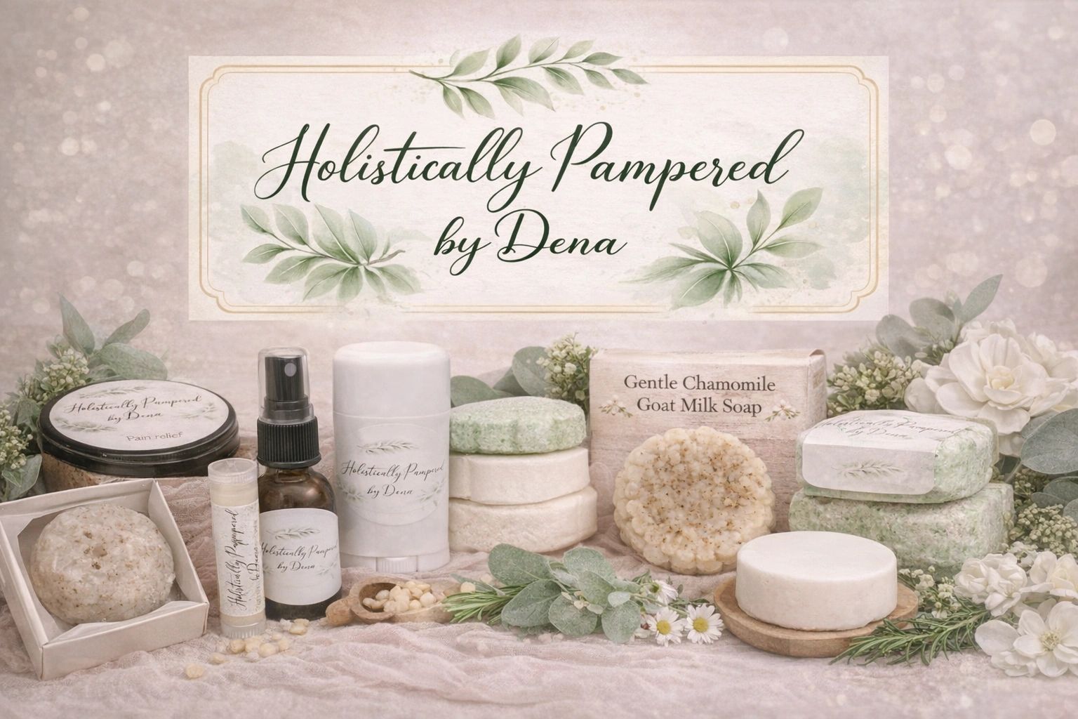 Handcrafted natural skincare and magnesium butter wellness products from Holistically Pampered by Dena.