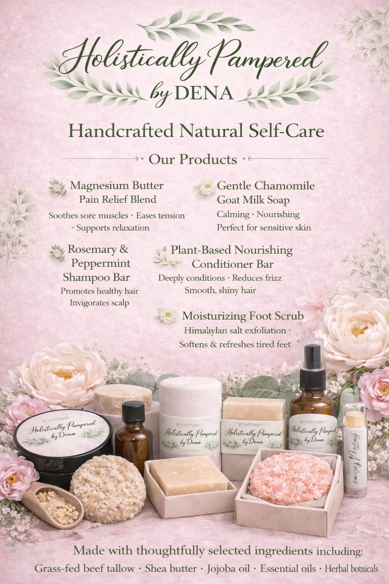 Holistically Pampered by Dena offers handcrafted natural self-care products for relaxation and nourishment.