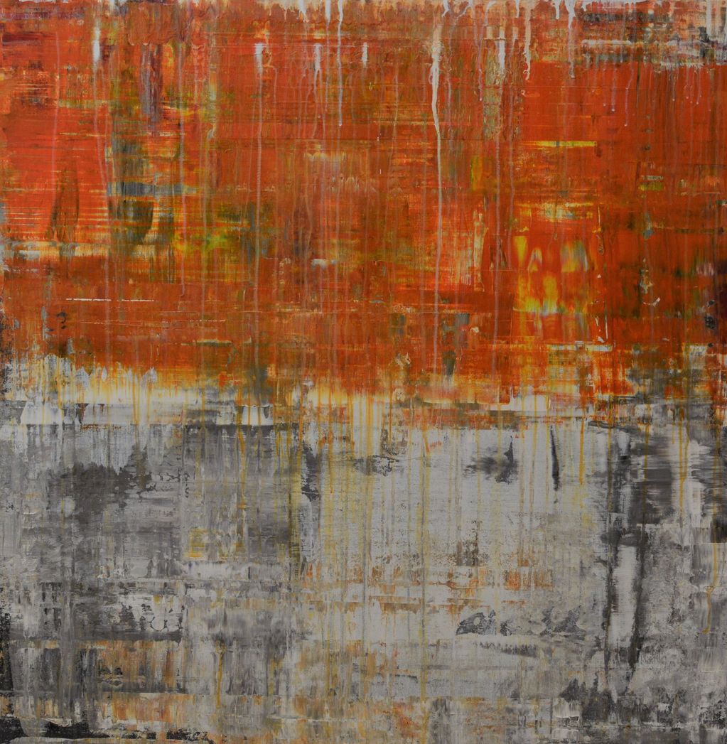 Large square contemporary abstract painting in warm orange tones and white & grey layered tones