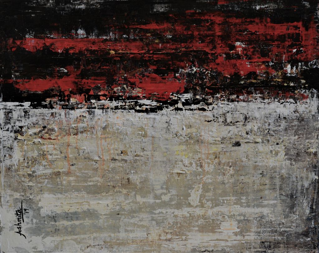 Contemporary abstract horizontal painting of city scape with blacks, reds white and beige.