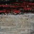 Contemporary abstract horizontal painting of city scape with blacks, reds white and beige.