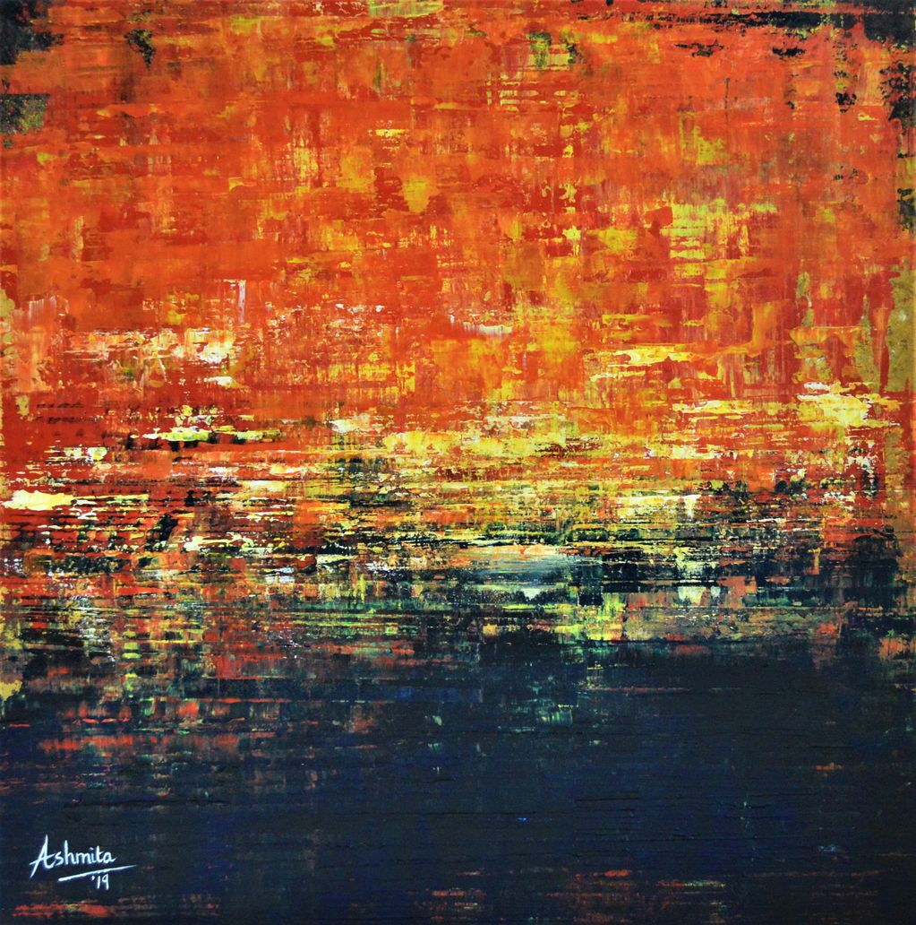 Contemporary abstract large square textured painting with bright red orange, yellows and deep blues 