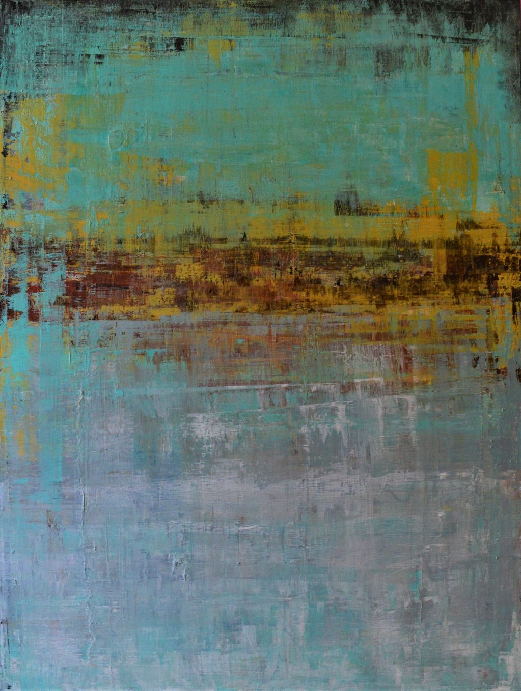 Contemporary abstract large rectangular textured painting in pale turquoise  browns whites & beige