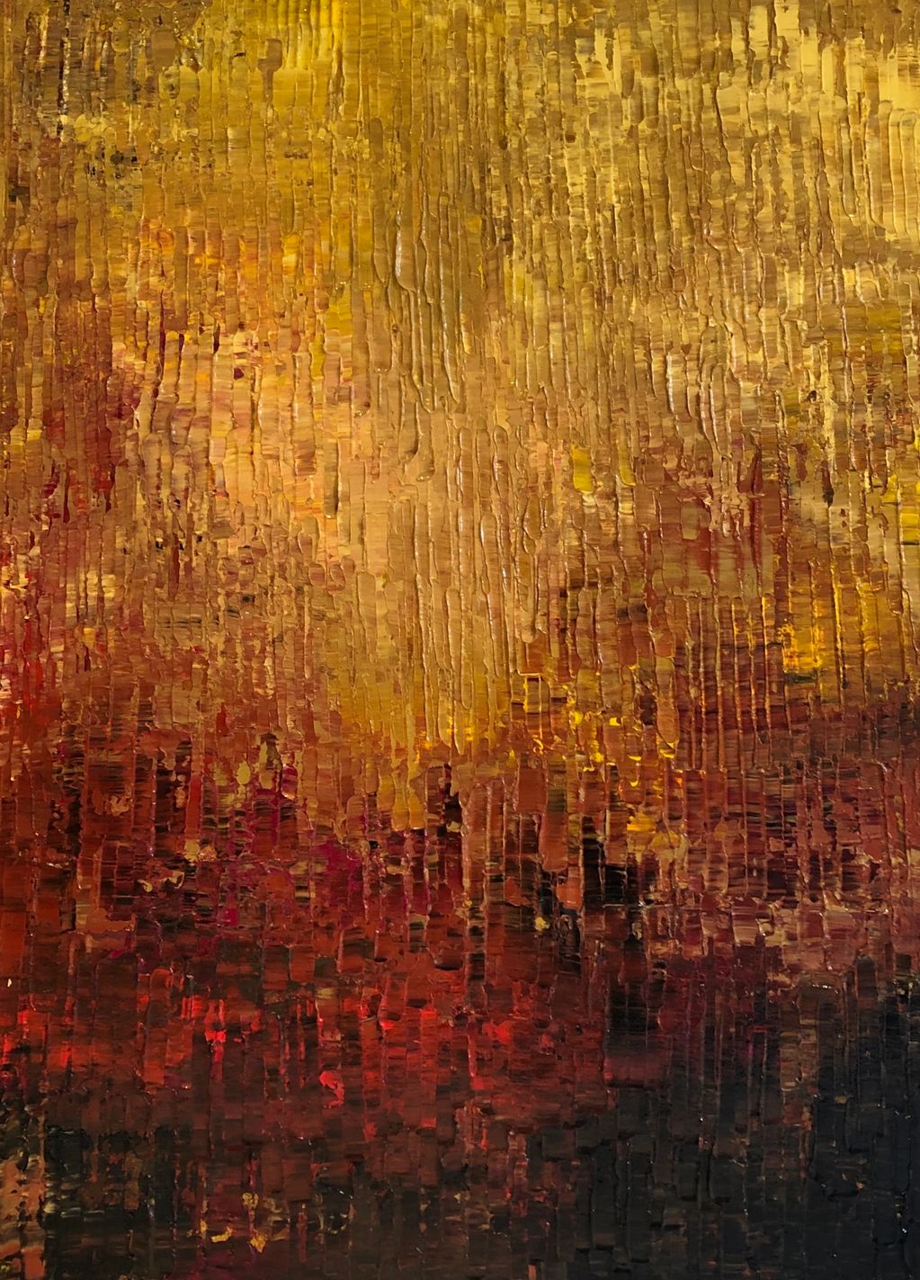 Large Rectangle canvas painting , golden, yellow, reds, browns & black. Pacific northwest artist