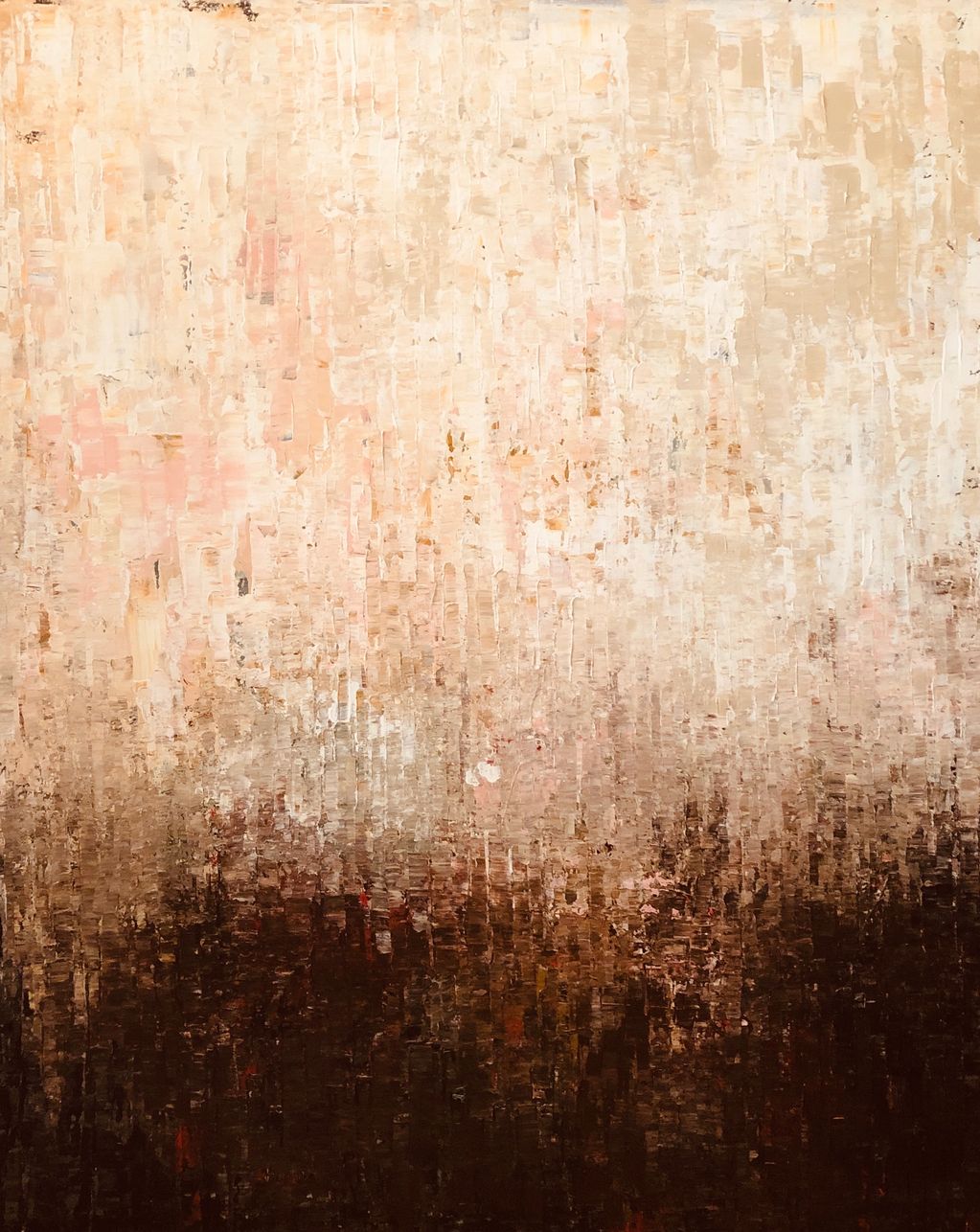 White, Beige, pale soft pink, deep browns and blacks. Large Rectangular canvas in soft warm colors.