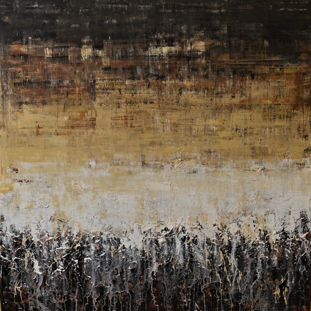 large square highly textured painting in tones of golden yellows, white and black