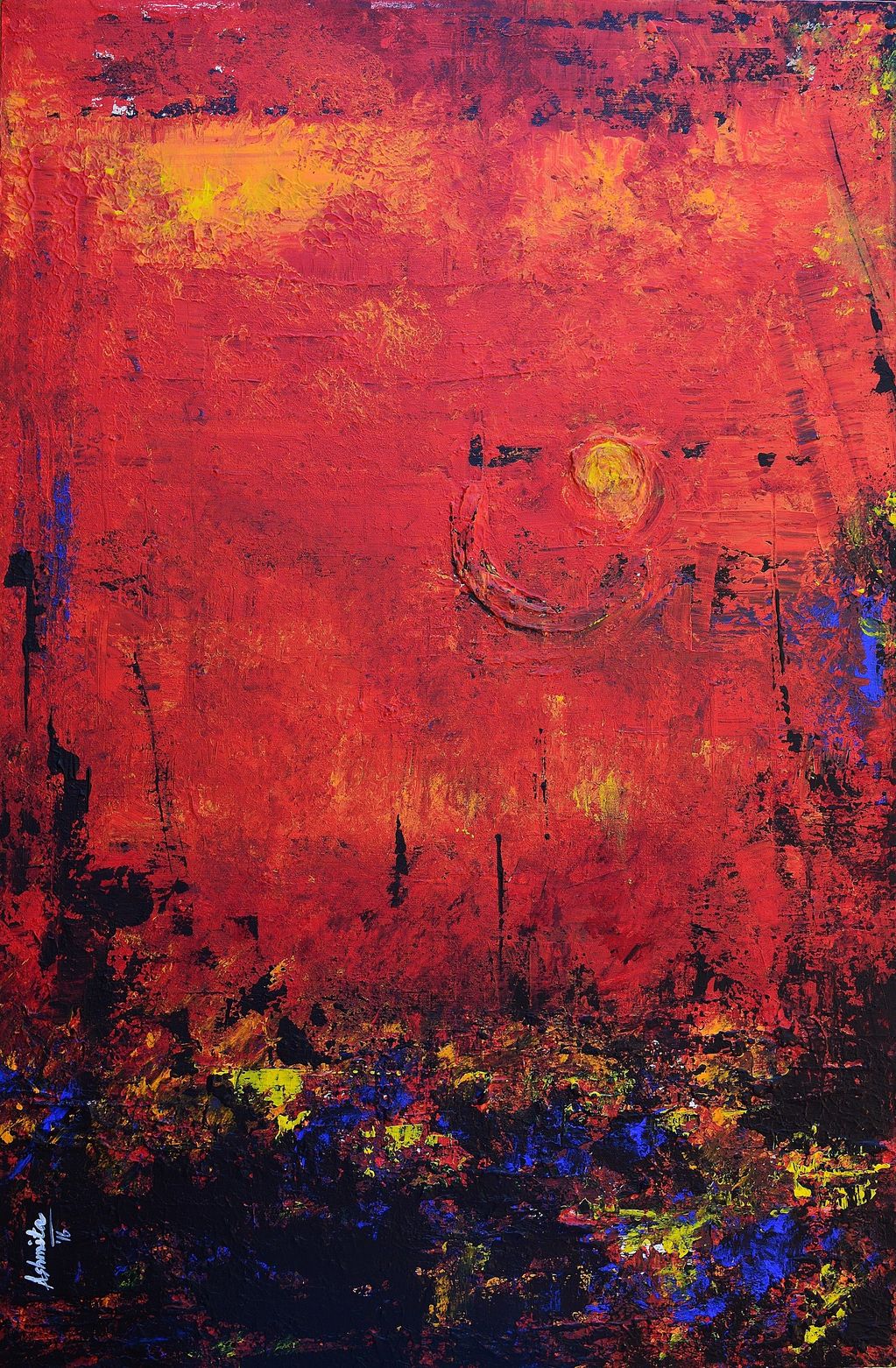 Contemporary abstract vertical city painting in bright red, yellow with deep & bright blues & black.