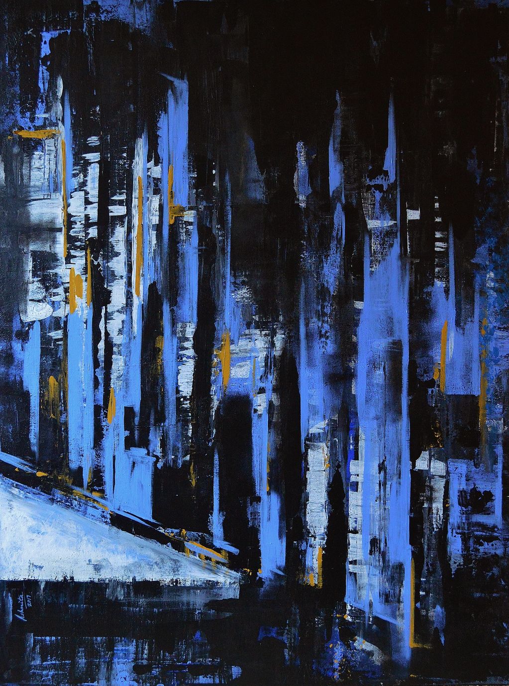 Black and Blue tones on this large vertical contemporary abstract painting on a majestic city