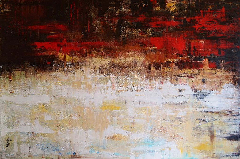 6' large contemporary abstract painting with deep browns, reds, beige & white by northwest artist
