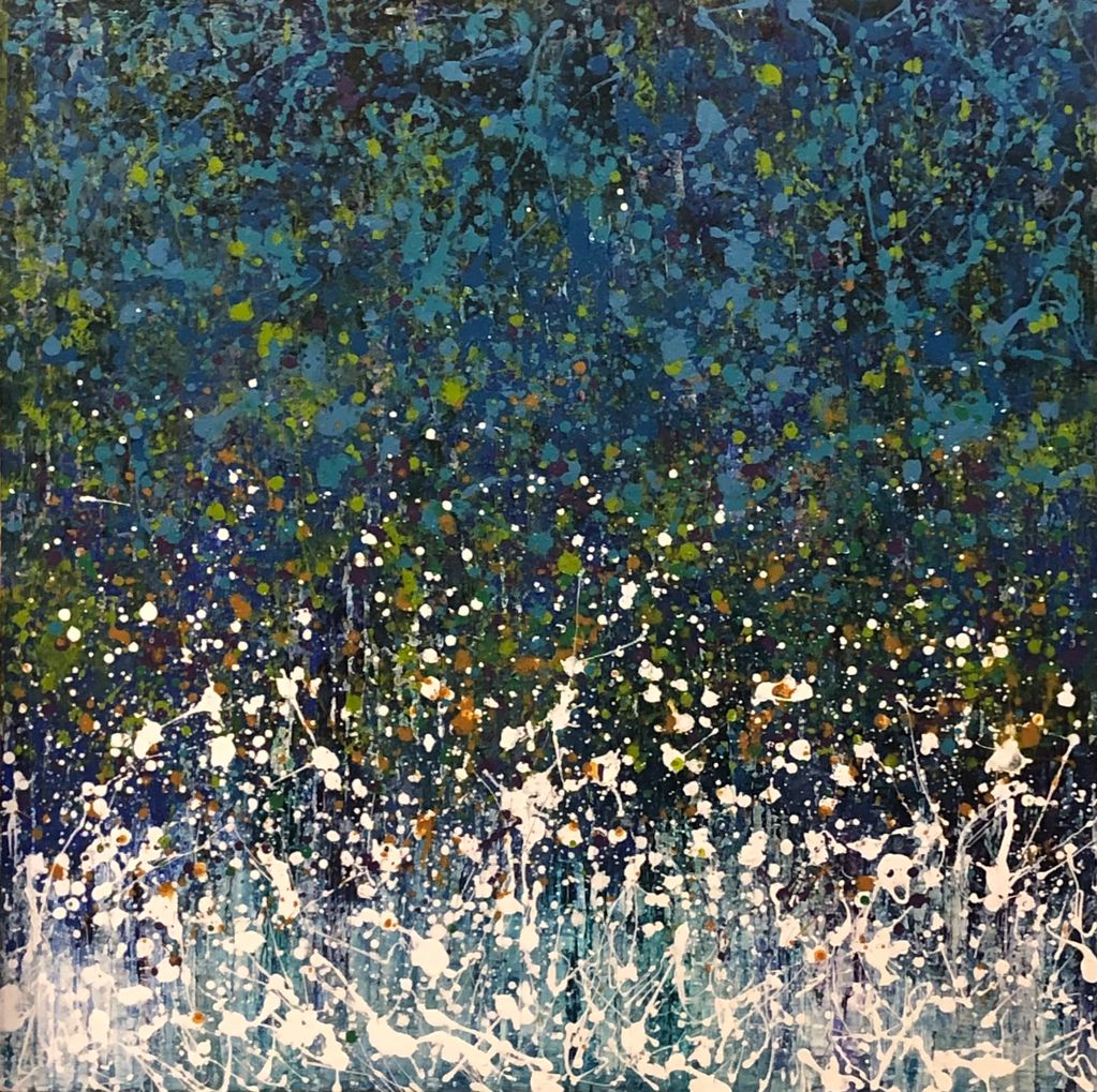 Abstract art 48"x 48" square, acrylic on canvas, deep blues, turquoise, greens, oranges & white