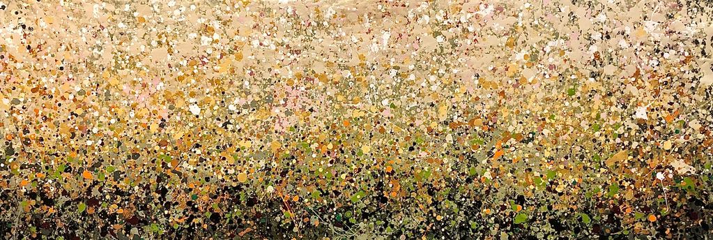Large horizontal abstract painting. Acrylic on linen canvas. beige, gold, earthy greens, whites