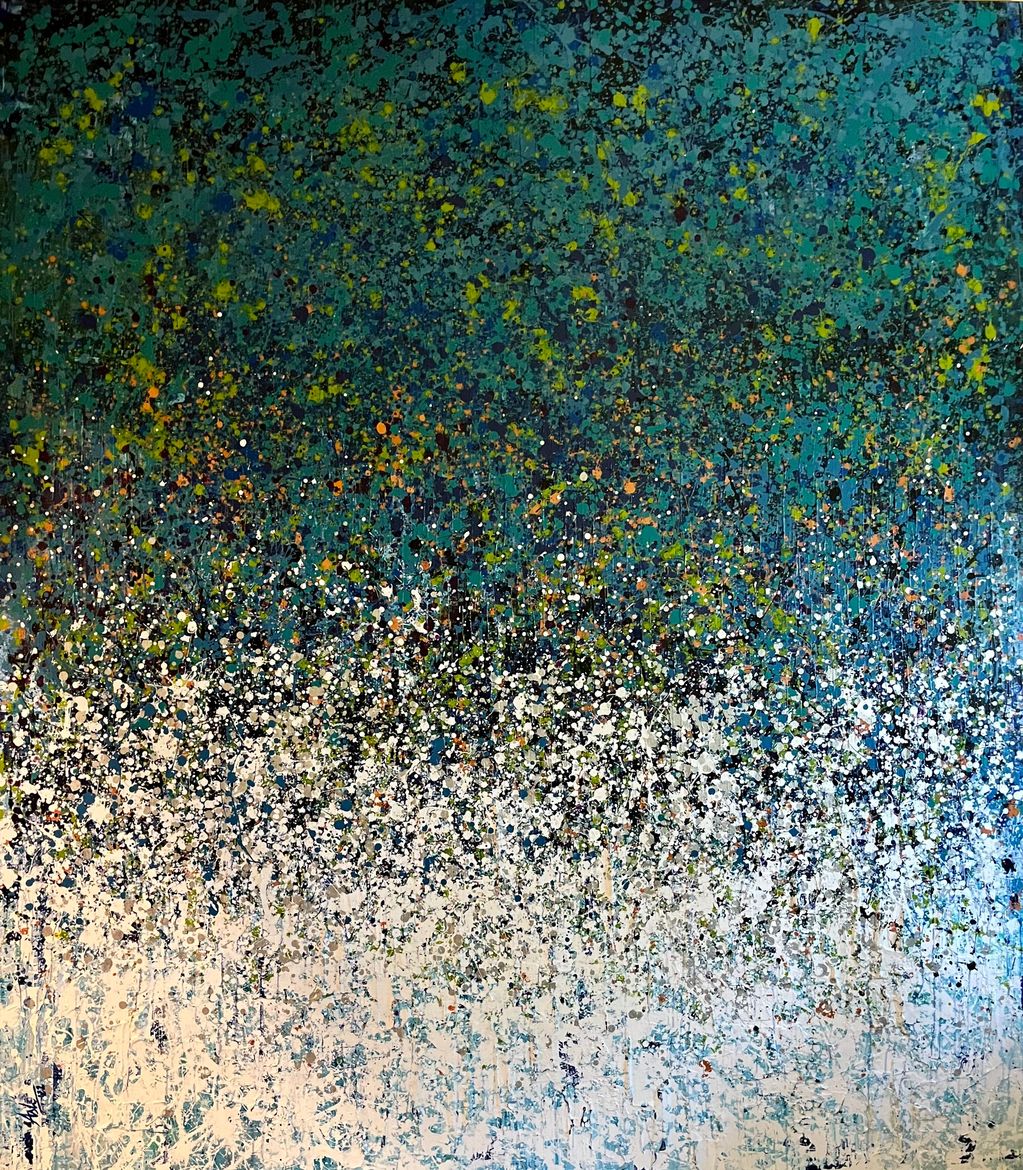 Extra large size painting, acrylic on canvas 7 feet x 8 feet in shades of blues, turquoise and white