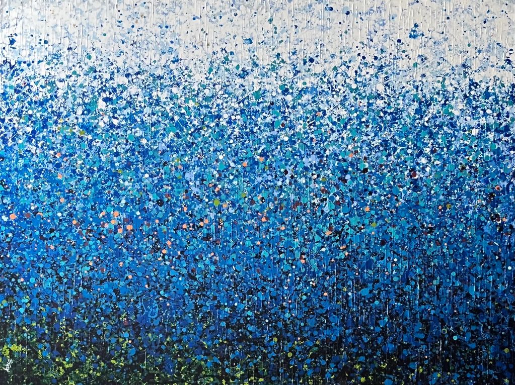 Blue art; original art; textured art; rectangle horizontal canvas; dotted art