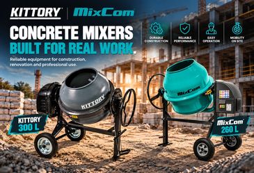 Concrete mixers by Kittory and MixCom for construction use.