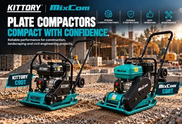 Two plate compactors by Kittory and MixCom on a construction site.