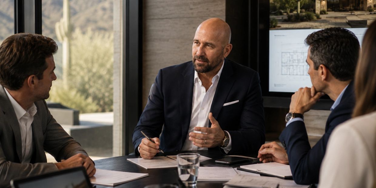 Business meeting with four men in a modern office.