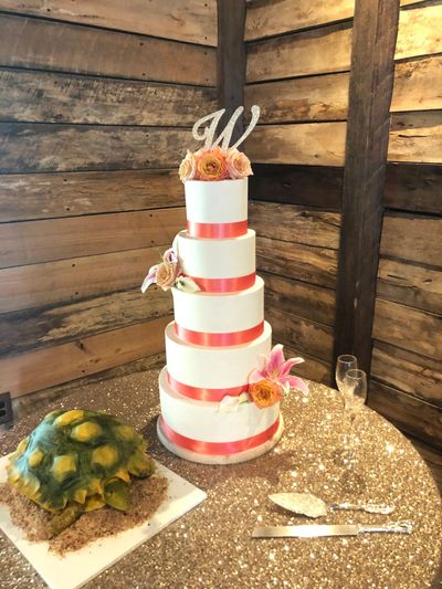 Elegant five-tier white wedding cake with pink ribbons.