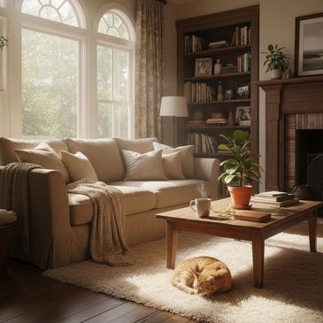 Cozy living room with a beige sofa, wooden coffee table, and a cat sleeping on a plush rug.