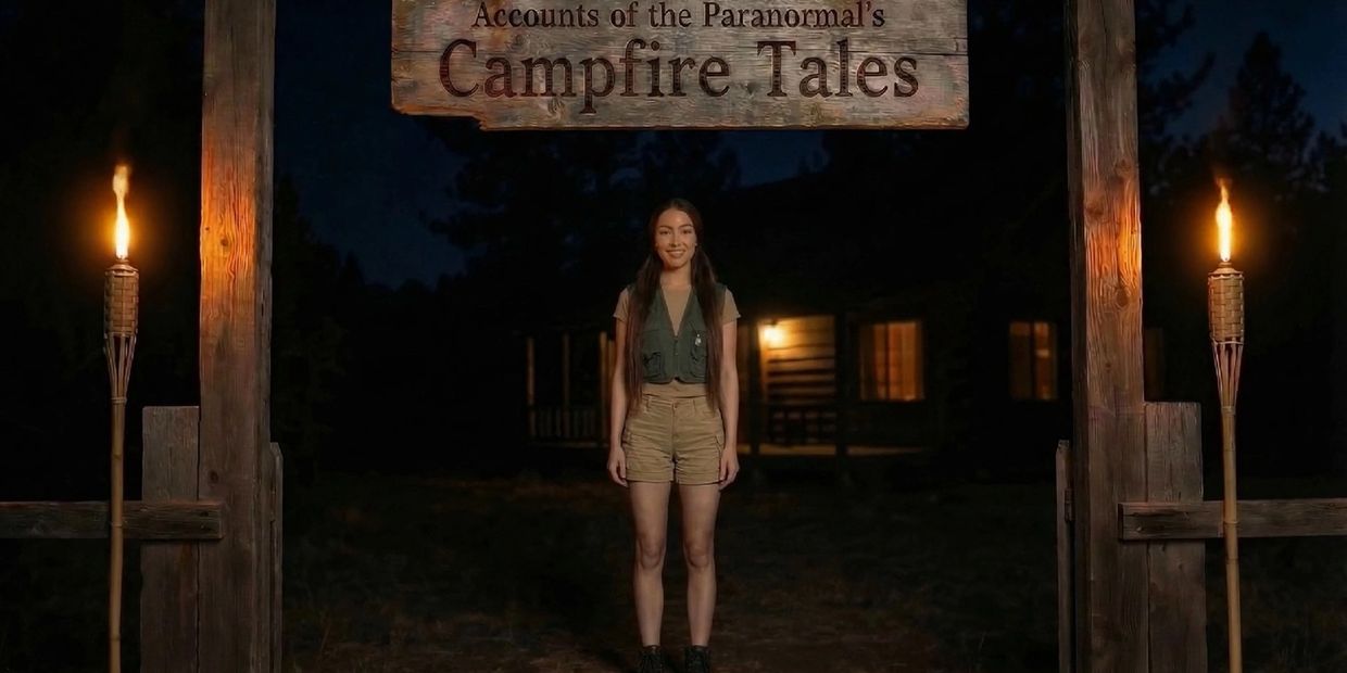 A woman stands under a wooden sign for paranormal campfire tales at night.