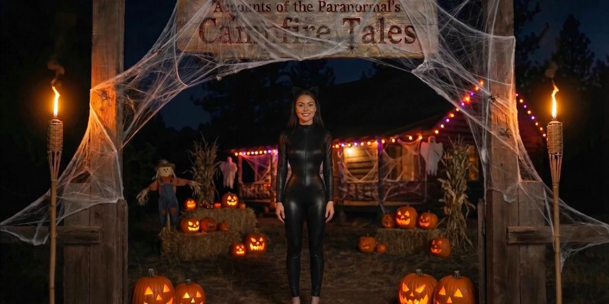 Woman in a black catsuit standing at a Halloween-themed entrance.